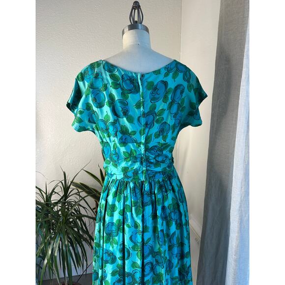 Vintage Women’s M Dress Teal Floral Full Skirt Cinched Waist Bow Detail - Picture 2 of 3